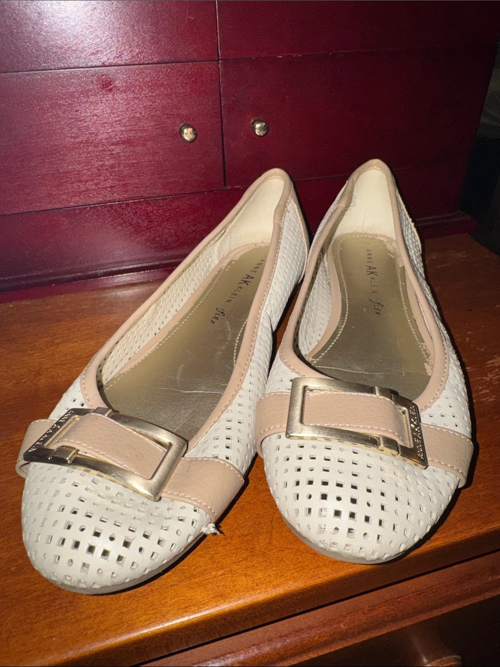 Women's Anne Klein Cream and Blush Buckle Flats